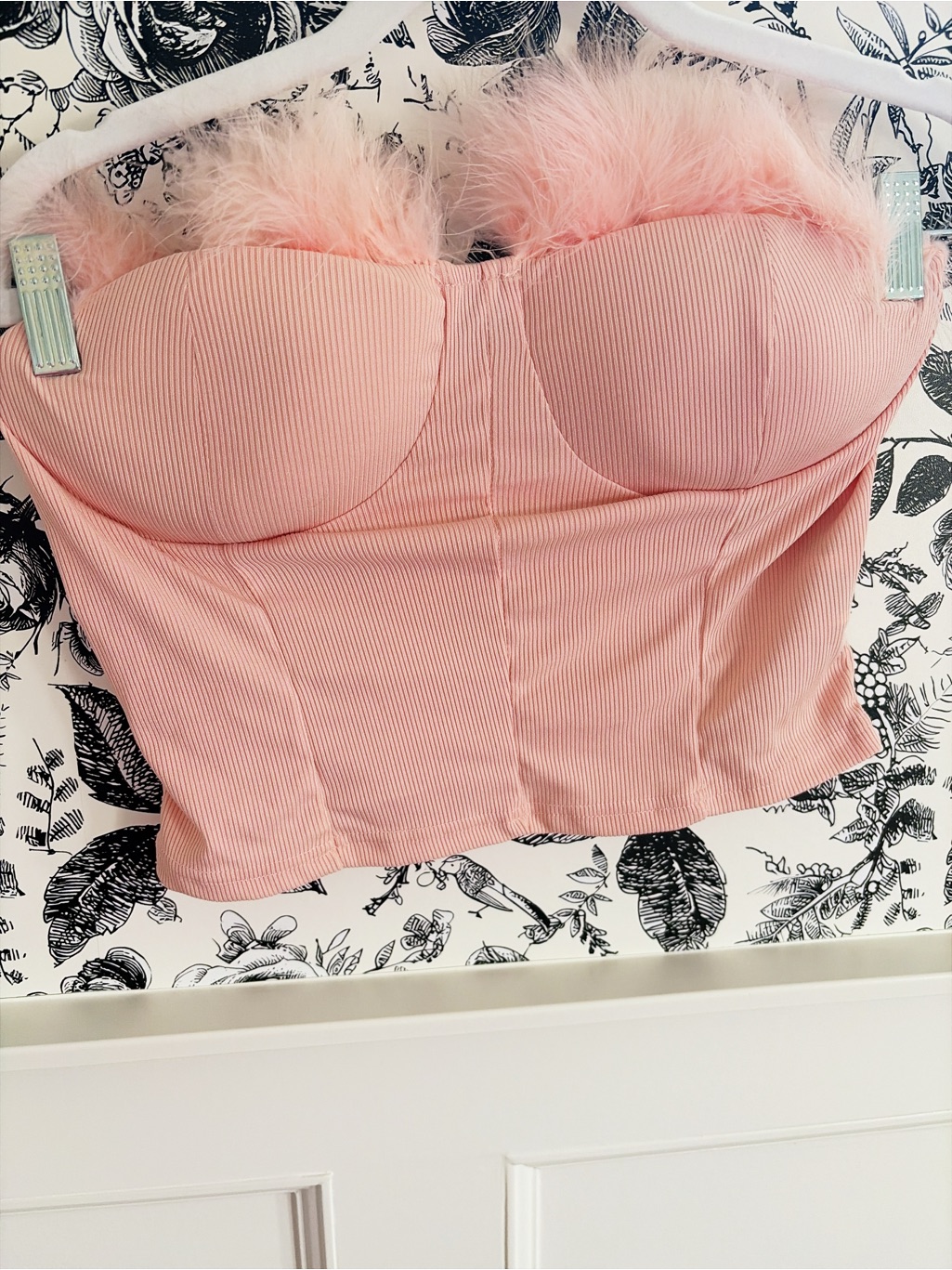 Shein Blush Pink Ribbed Bustier Crop Top With Feather Trim
